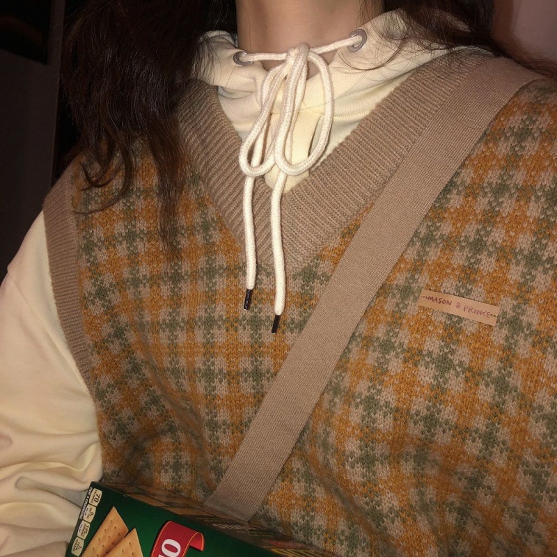 Áo khoác dệt kim Pure Cube cổ chữ V dáng rộng họa tiết sọc caro thời trang cho nữ