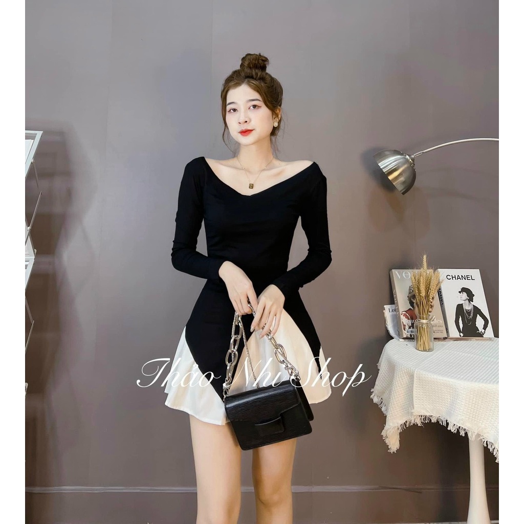 SÉT ÁO ĐEN BẸT VAI TÀ XẺ+ CHÂN VÁY XẾP LY