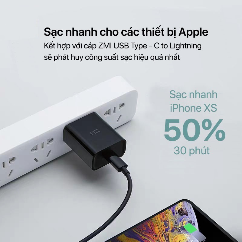 Củ sạc nhanh Power Delivery 3.0 18W ZMI Apple iPhone 8-X-XS Max-11 Pro-11 Pro Max-iPad Pro MFi,USB-C To Lightning HA711