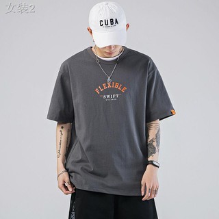 ⊕Áo thun nam ngắn tay mùa hè 100% cotton nguyên chất in khoác phong cách Hồng Kông cổ tròn lửng xu hướng trang