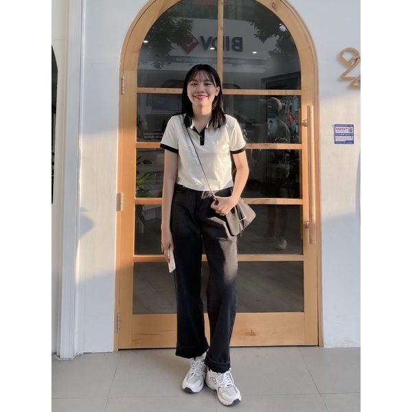 Áo croptop polo viền đen