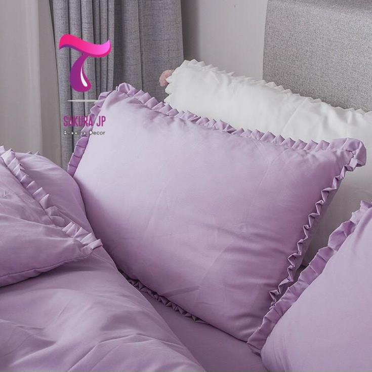 HÀNG MỚI-  Bộ Chăn Ga Gối Đệm TC Đũi Diềm Bèo Hàn Quốc Tím Mộng Mơ - BST Chăn Ga Gối TC