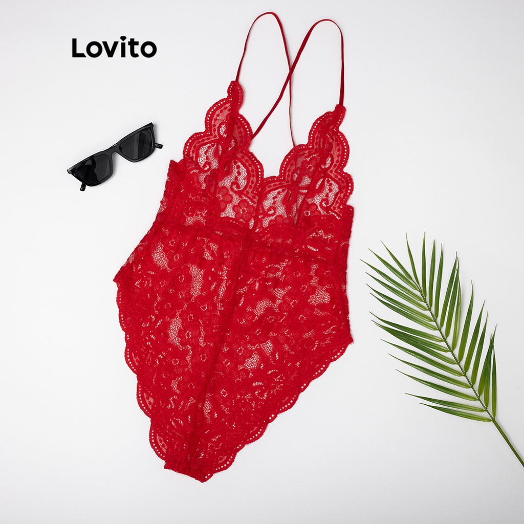 Lovito Bộ quần áo ren cổ chữ V gợi cảm L12058