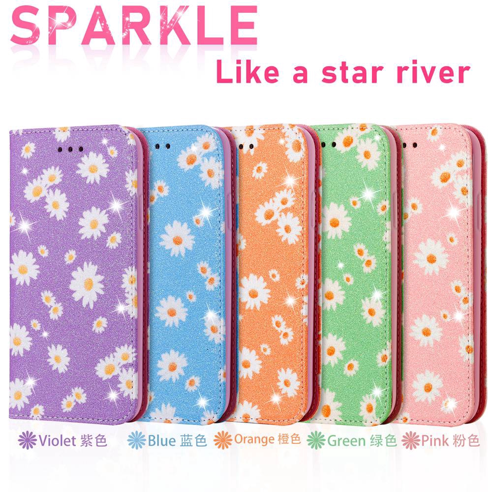 Fashion Daisies Glitter Powder Flip Cover Xiaomi Poco M2 Pro PU Leather Casing Sparkle Magnetic Wallet Case Card Holder Photo Frame