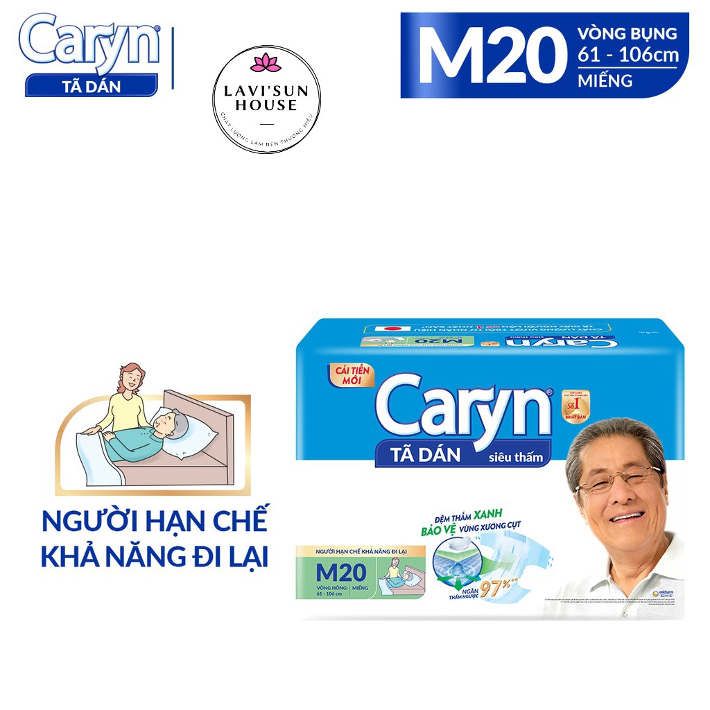 Tã bỉm dán Người lớn Caryn siêu thấm M 20 miếng,tã người già size m dành cho người hạn chế khả năng đi lại