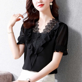 Áo chiffon nữ tay ngắn cổ chữ v phối ren thời trang