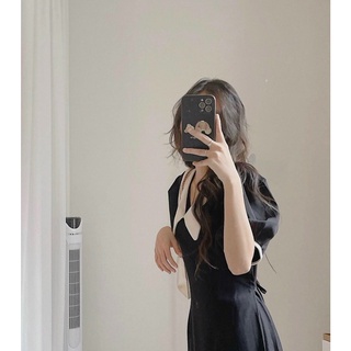 Đầm váy freesize đen cổ trắng form dài