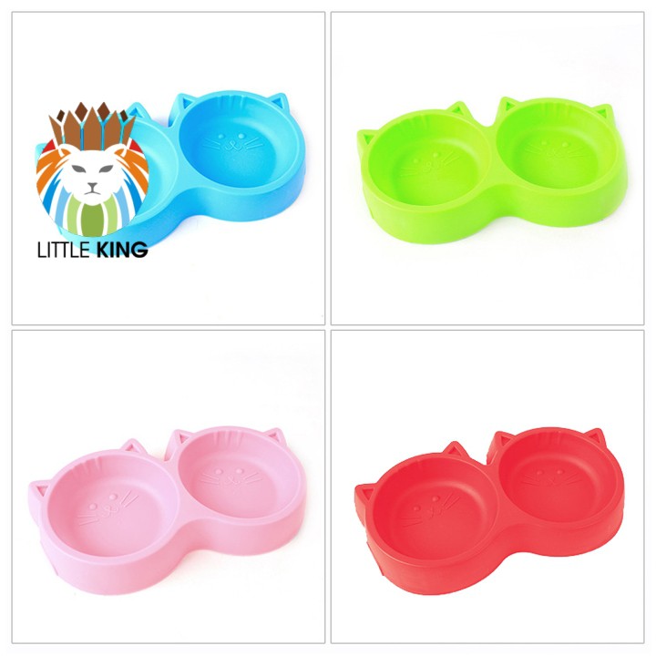 Bát ăn đôi cho chó mèo, thú cưng hình mặt mèo cute chất liệu nhựa PP nhiều màu sắc Little King pet shop