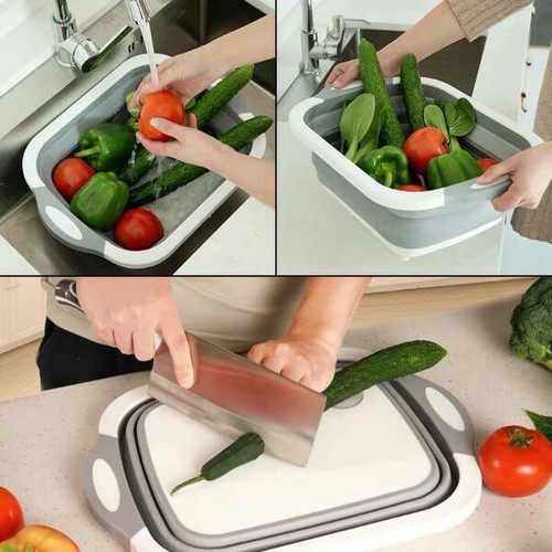 Chậu đa năng gấp gọn thông minh 3 in 1 kiêm thớt trong rổ gập kèm rá rửa rau nhựa nhà bếp tiện dụng