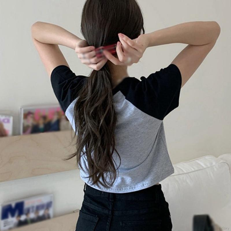 Áo thun dáng lửng ngắn tay phối màu sắc thời trang mùa hè Hàn Quốc năng động cho nữ