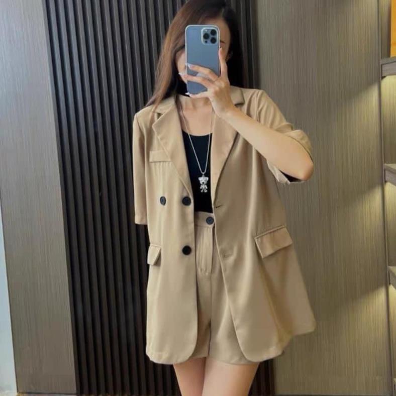 [ẢNH THẬT]Bộ blazer Trơn Xẻ Tay sang chảnh màu đen trơn-Set dáng suông rộng trượt vạt bầu dáng rộng- áo vét khoác vestt