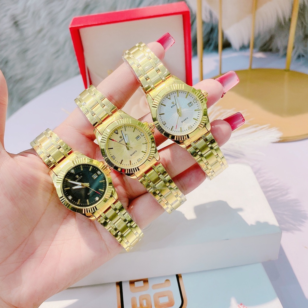 Đồng Hồ Nữ Rolex Dây Thép Mặt Đính Đá Size 28mm Có Lịch Ngày - Bảo Hành 12 Tháng - Combo Quà Chất