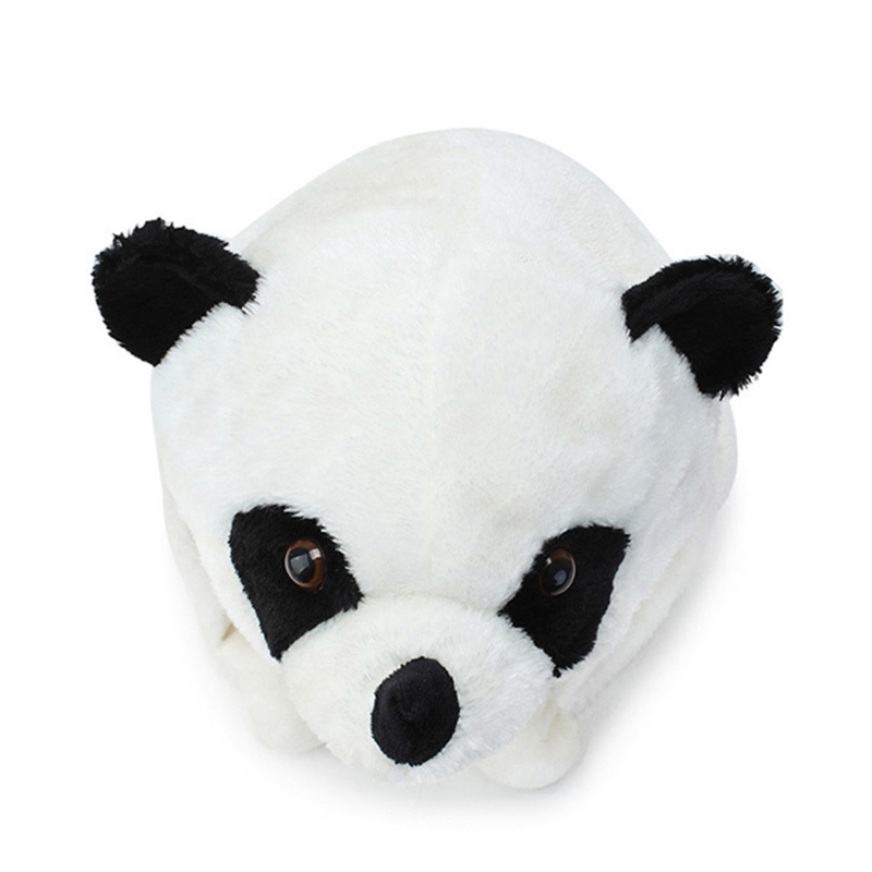 Mũ beanie nhồi bông giữ ấm hình gấu trúc hoạt hình có dây dài bảo vệ tai đính quả bóng lông xinh xắn