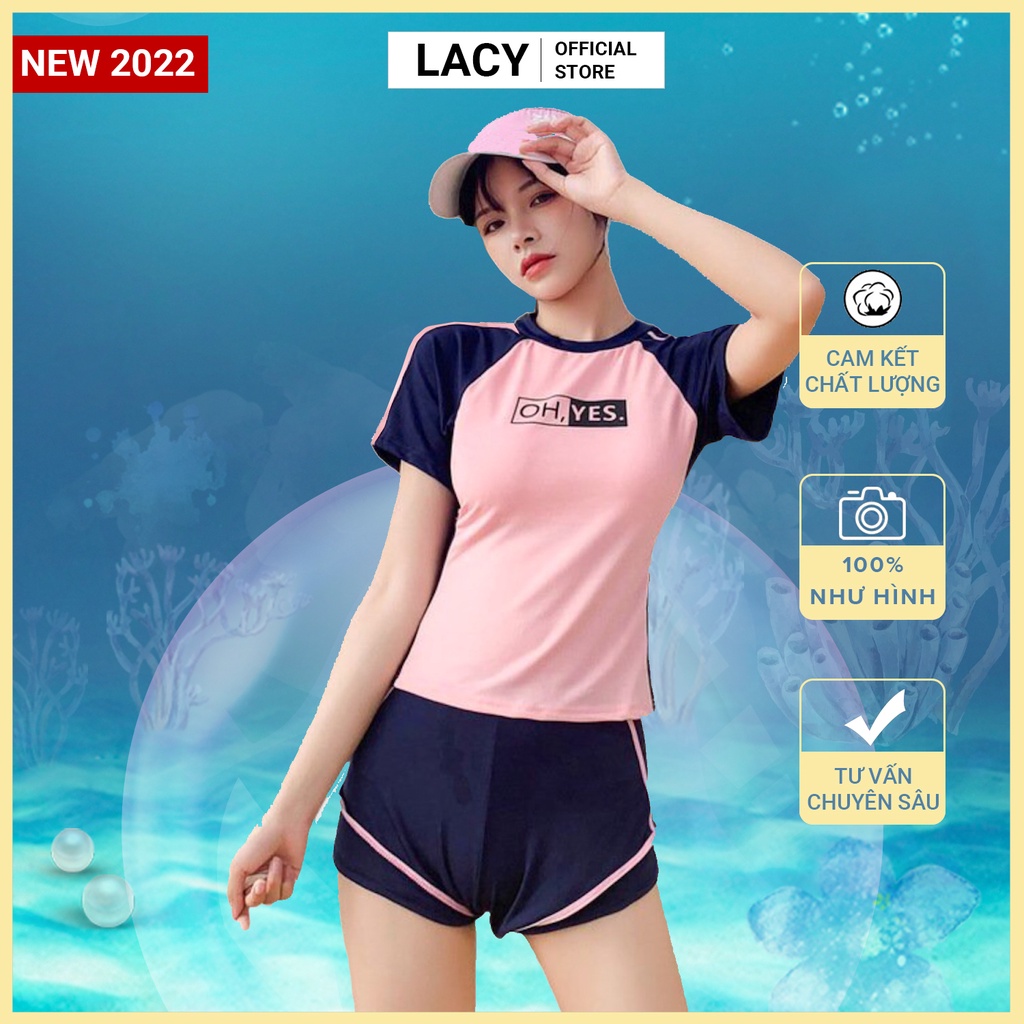 Bộ Đồ Bơi Nữ 2 Mảnh Áo Cộc Quần Đùi Bơi Dáng Thể Thao Màu Hồng Chữ Yes No Mặc Đi Tắm Biển Đi Bơi B097