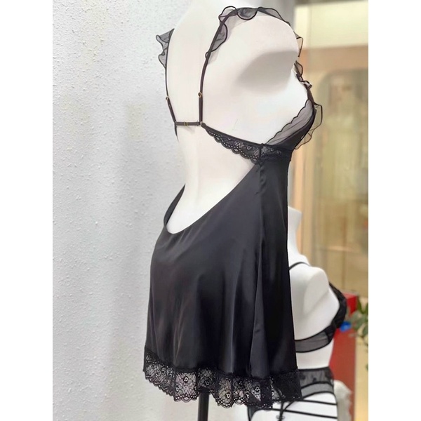 váy ngủ sexy cao cấp lụa Quảng Châu đen hở lưng 002