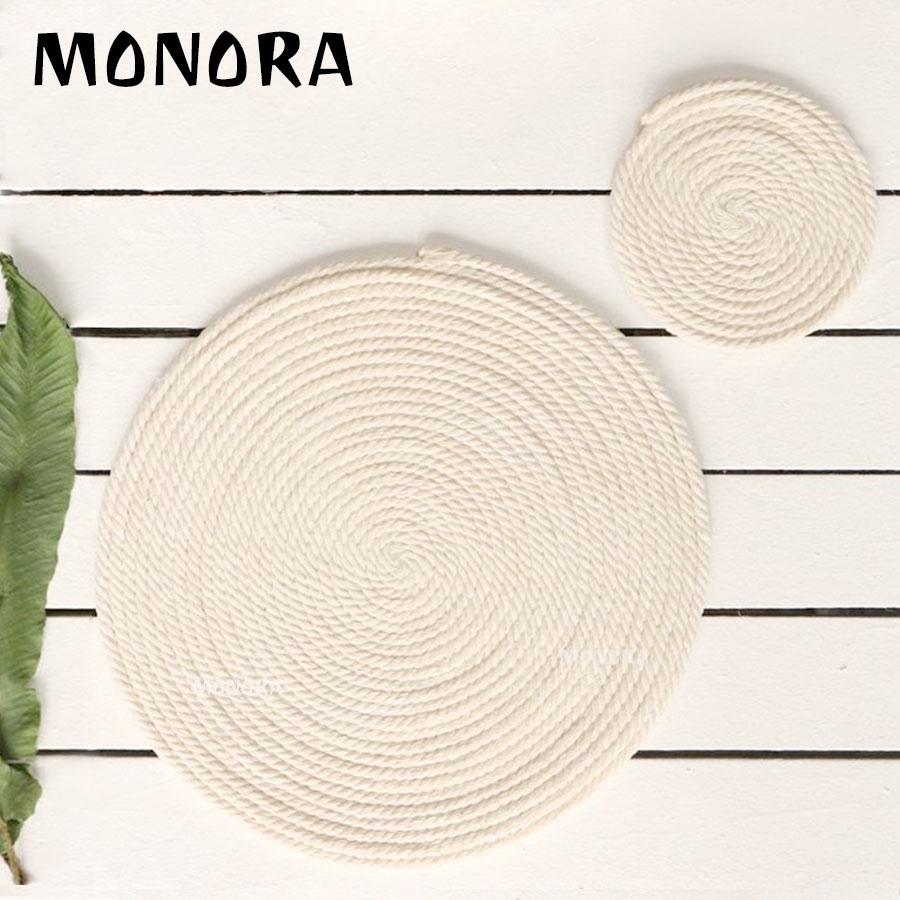 Thảm tròn trang trí bàn ăn trơn bằng sợi phụ kiện chụp hình, lót ly cốc Monora C726 có thể kết hợp thảm lục bình