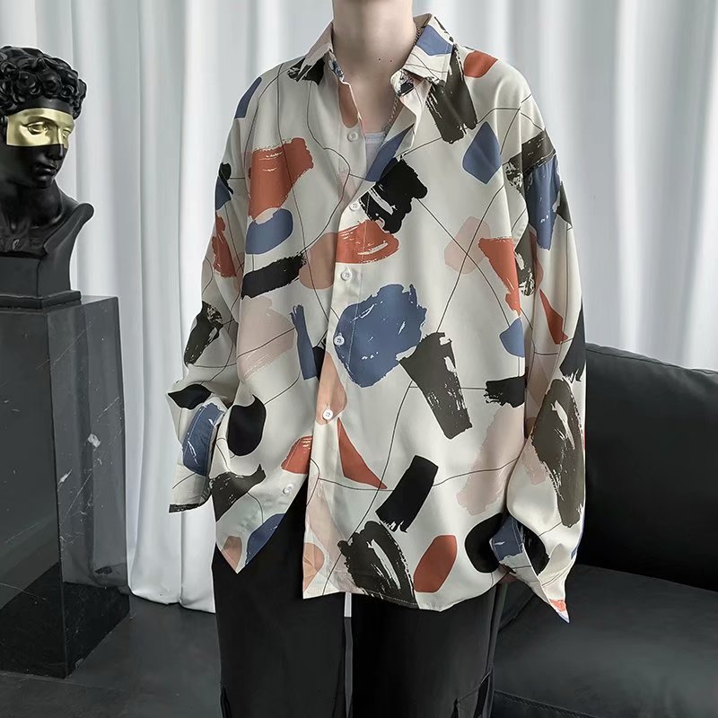 Korean street fashion men's long-sleeved wide-sleeved shirt with irregular color printing