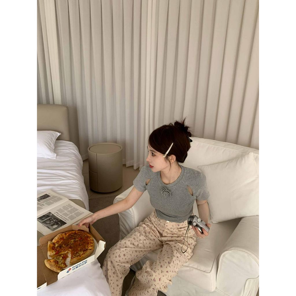 Cocory vn Set Áo Thun Ngắn Tay Hở Rốn + Quần Dài In Họa Tiết Thời Trang Mùa Hè Cho Nữ