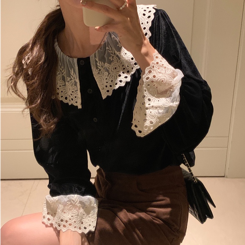 SUXI Áo Sơ Mi Nhung Tay Dài Ống Loe Phối Ren Phong Cách Hàn Quốc Cổ Điển Dành Cho Nữ