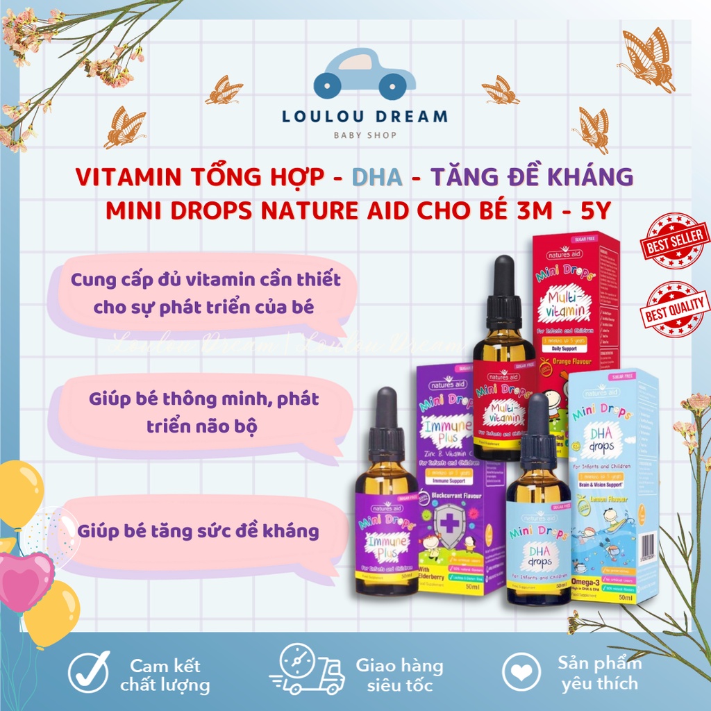 Bộ 3 sản phẩm Mini Drops Natures Aid 50ml bổ sung DHA, multivitamin và Tăng đề kháng cho bé 3 tháng đến 5 tuổi