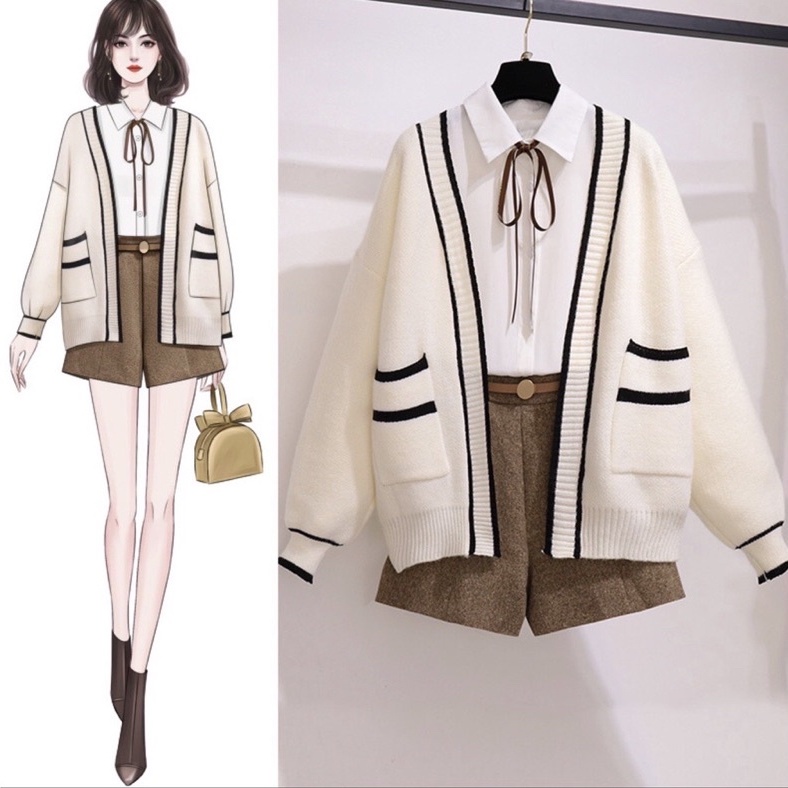 Áo cardigan len khoác ngoài viền đen trắng kiểu mới Quảng Châu
