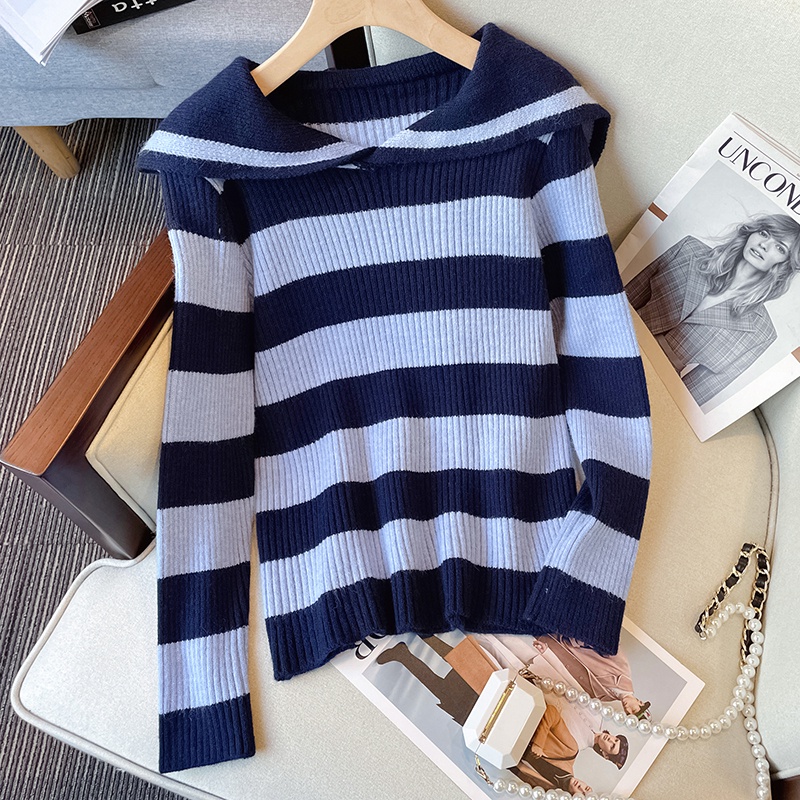 Áo Sweater Dệt Kim Tay Dài Cổ Thủy Thủ Kẻ Sọc Dễ Thương  tao bao