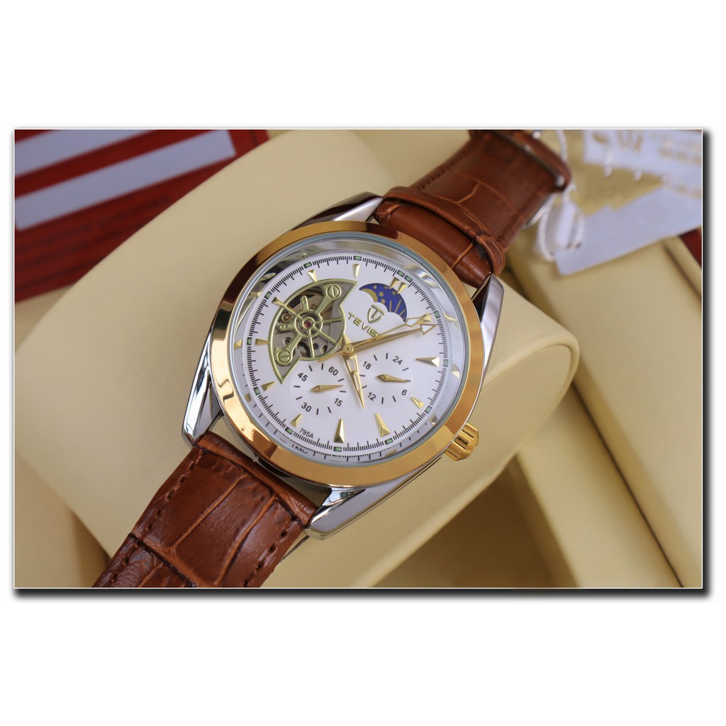Đồng hồ cơ nam dây da cao cấp Tevise T795 full box, mặt kính sapphire chống xước, chống nước, bảo hành 03 năm | BigBuy360 - bigbuy360.vn