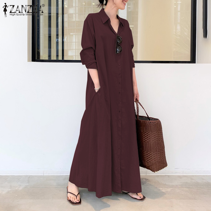 Zanzea Đầm Maxi Cotton Tay Dài Dáng Rộng Màu Trơn Cài Nút Thời Trang Cho Nữ