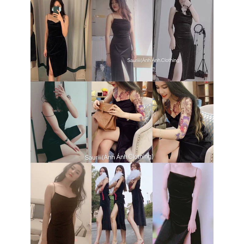 SẴN🖤Đầm dự tiệc hai dây nhung ôm body trơn basic sang chảnh|Đầm suông xẻ sexy dây quyến rũ dáng dài cổ đổ | BigBuy360 - bigbuy360.vn