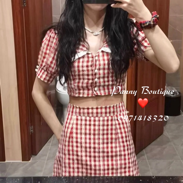 (Hàng sẵn có ảnh thật) Set áo croptop và chân váy kẻ đỏ viền bèo trắng🍑,  style ulzzang Hàn Quốc  🌻 Panny Boutique 🌻