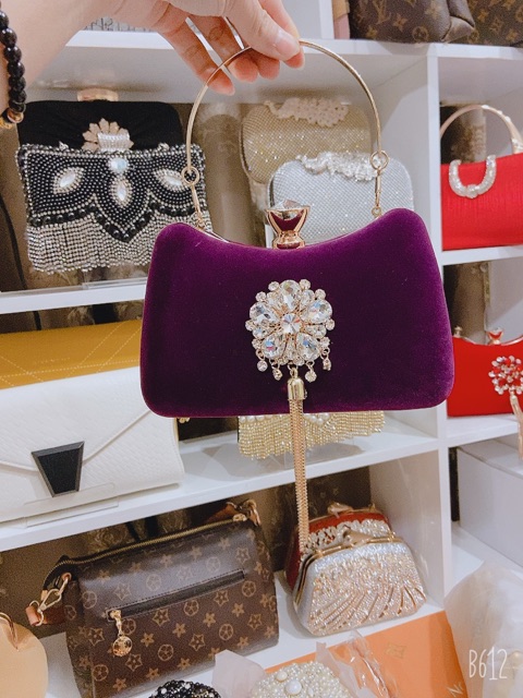 Clutch dự tiệc - ví nhung đính đá tua rua sang chảnh