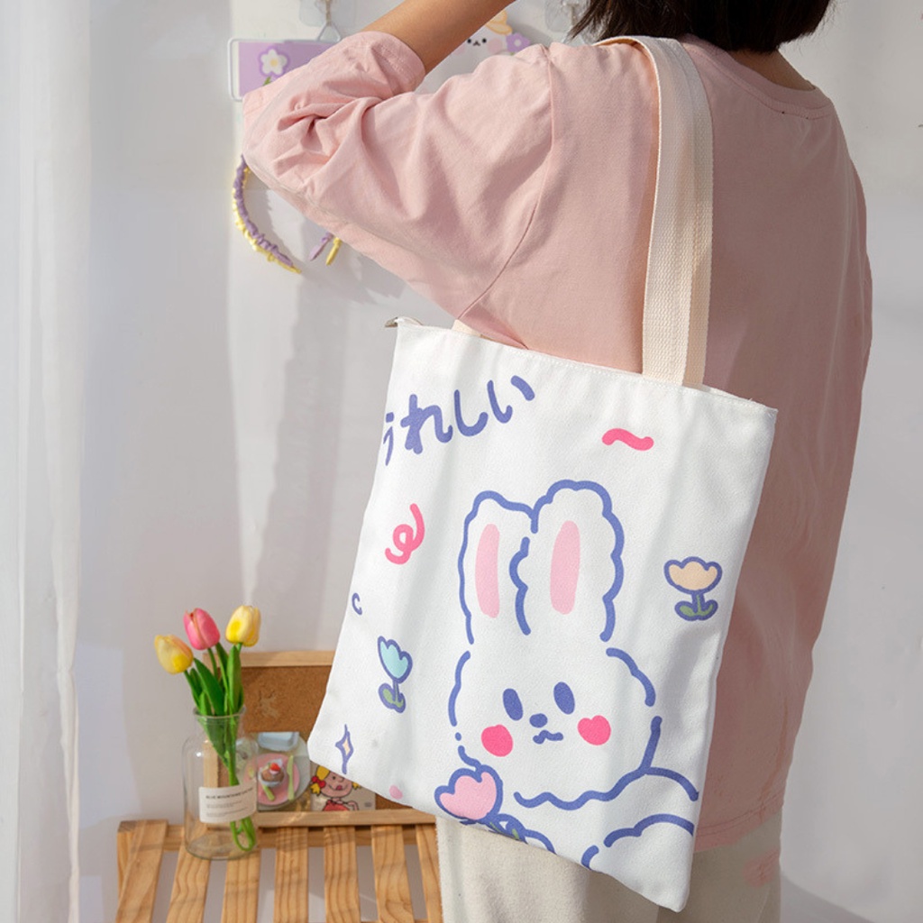 Túi tote gấu thỏ đeo vai ULZZANG - Túi vải canvas dễ thương size lớn dây dài đựng vừa A4 TX09 | BigBuy360 - bigbuy360.vn