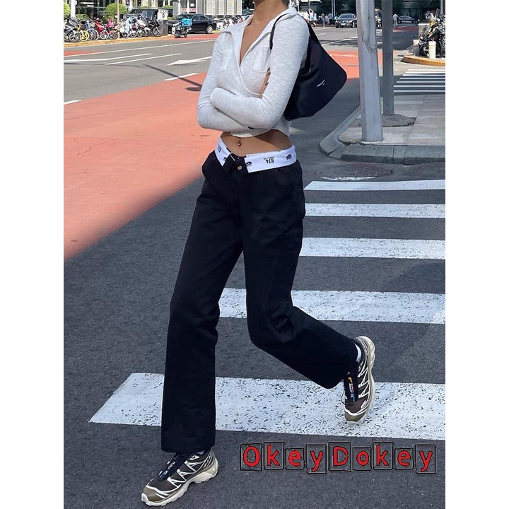 y2k Quần dài lưng thấp in số và chữ phối màu phong cách cá tính thời trang cho nữ