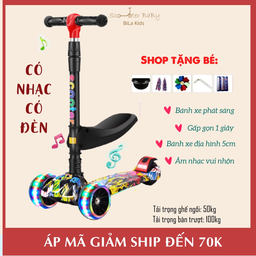 Xe trượt scooter cho bé có ghế ngồi, nhạc đèn, chòi chân thăng bằng, bánh xe phát sáng vĩnh cửu