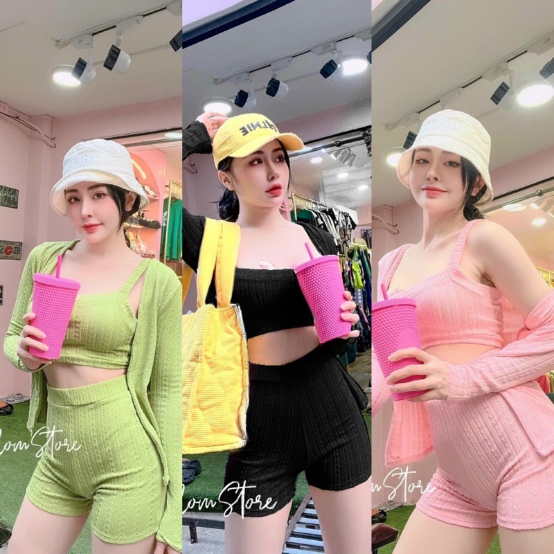 Set Bộ 3 Món Áo Croptop Dây Bản To Short Siêu Cao Kèm Khoác Dài Gân Xương Cá
