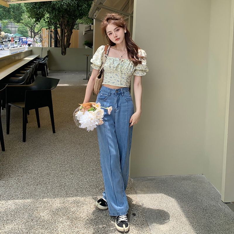 Áo croptop BH cổ vuông tay phồng in họa tiết hoa xinh xắn cho nữ