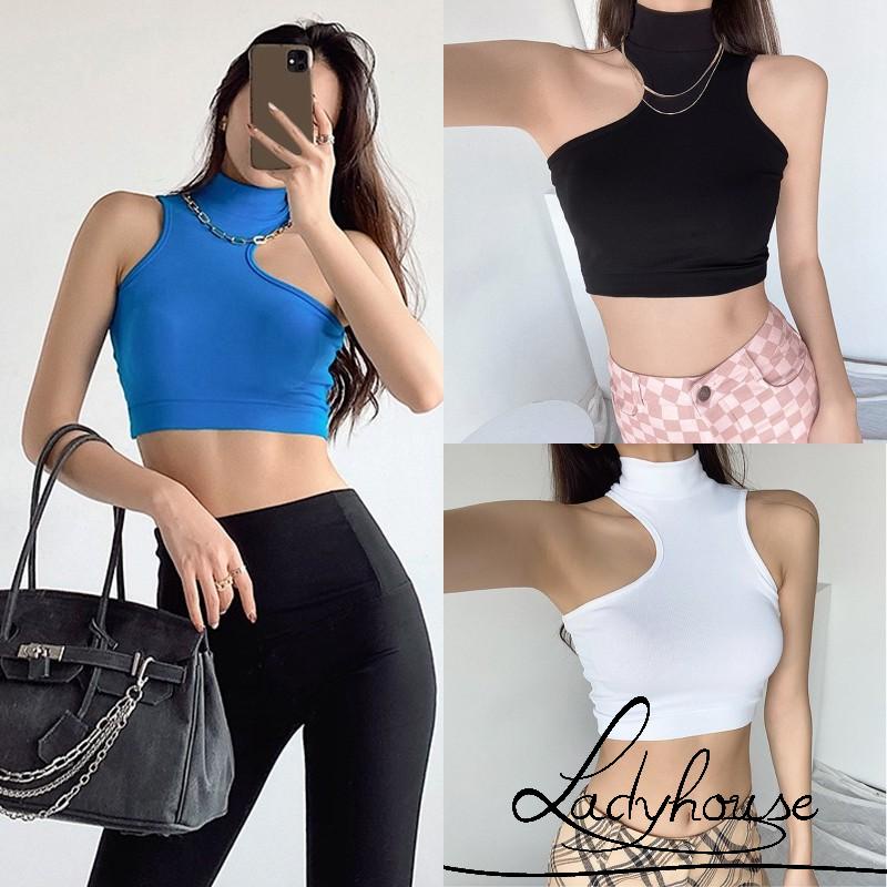 Áo Croptop Không Tay Cổ Cao Màu Sắc Đơn Giản Cho Nữ
