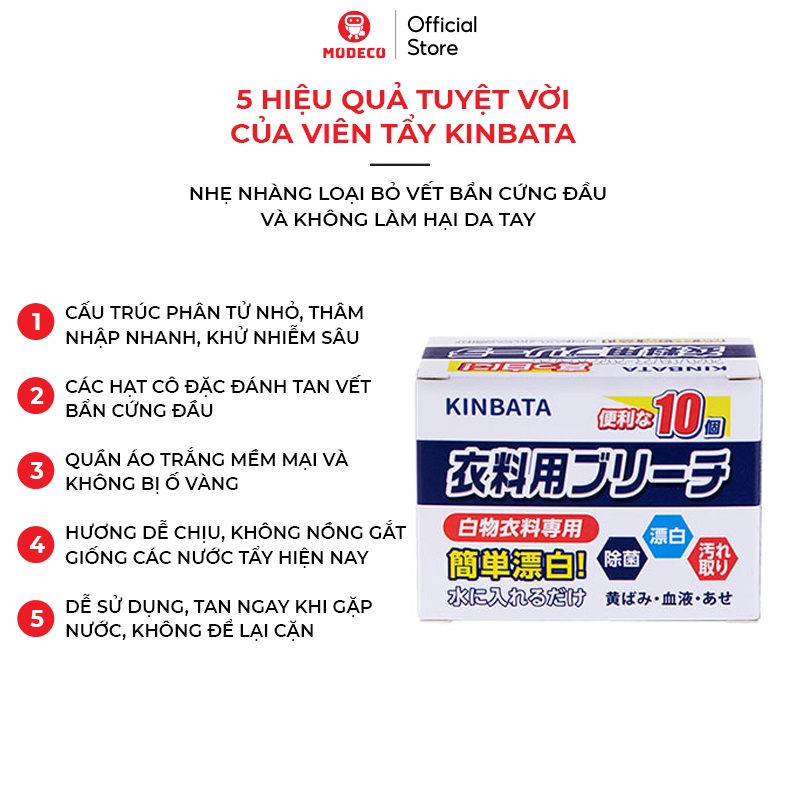 Viên Tẩy Trắng Quần Áo Nhật Bản Kinbata - Thuốc tẩy trắng, làm sáng quần áo bị ố vàng, vết bẩn khó giặt - Modeco