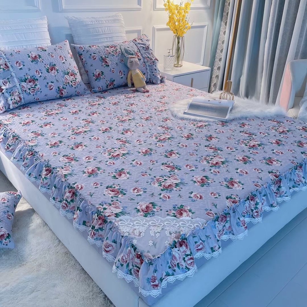 Bộ Ga Gối Cotton Trần Bông 3 Lớp - Ga Cotton Viền Bèo Đính Ren Công Chúa Hàng Nhập Khẩu