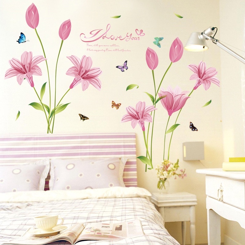 Decal dán Tường phòng ngủ mẫu Tuy Líp Tím + hồng