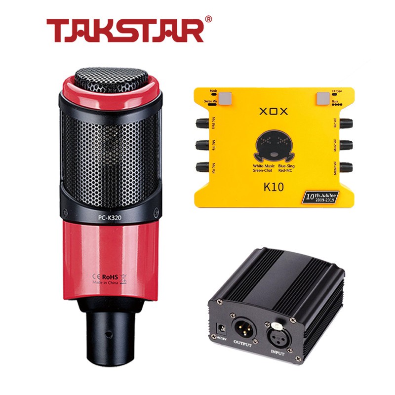 Bộ Mic Thu Âm Livestream Hát Karaoke Chính Hãng Đầy Đủ Sound Card K10 XOX, Mic Takstar PC-K320, Nguồn 48V &amp; Phụ Kiện