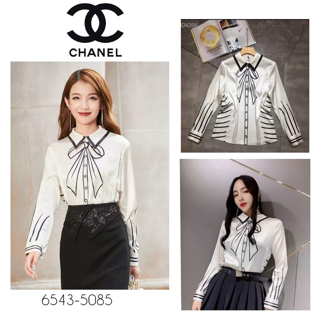 CHANEL Áo sơ mi trắng phối ruy băng thời trang cho nữ EDV-6543-5085JKT