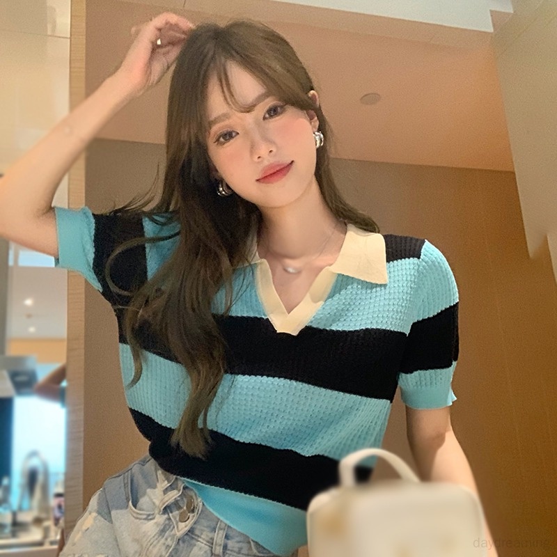 Áo Thun Nữ Dệt Kim Cổ Bẻ Dáng Rộng Phong Cách Hàn Quốc