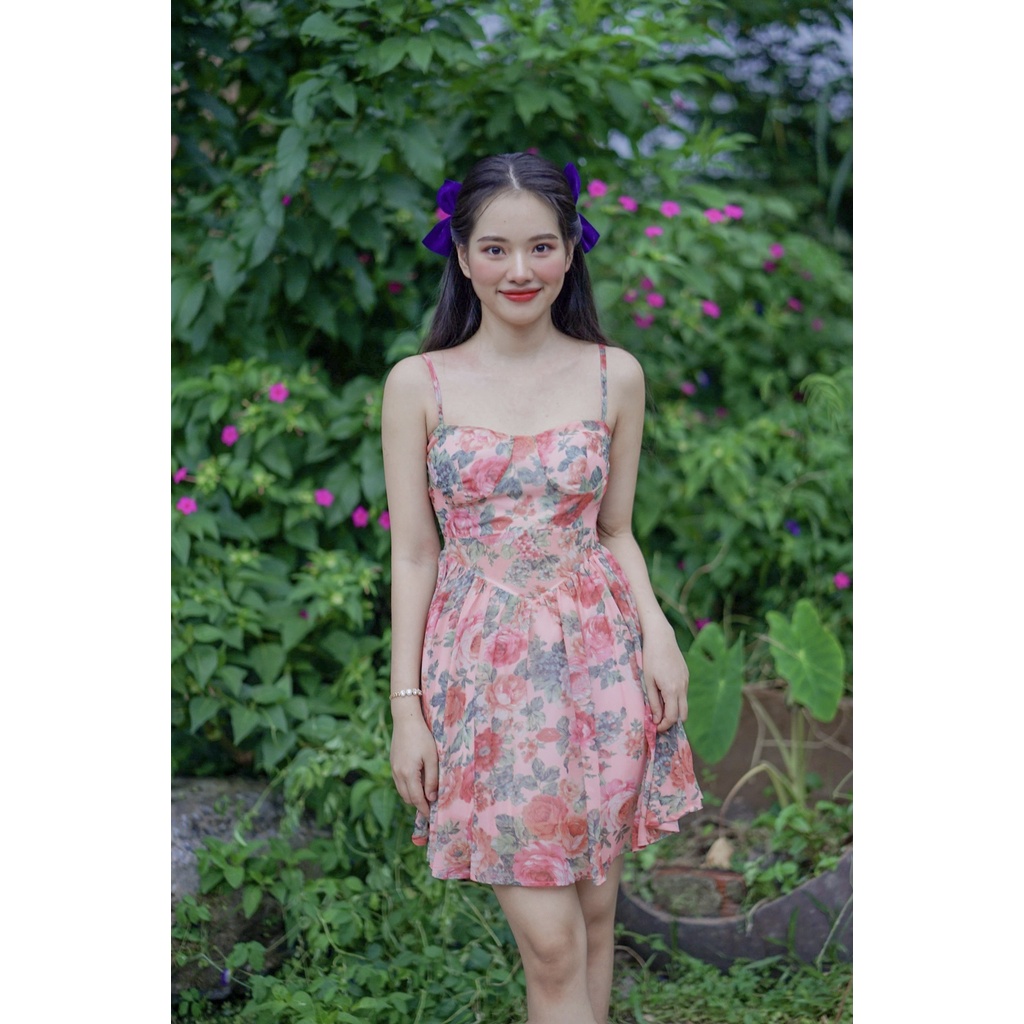 Đầm hoa xòe hai dây phong cách Ulzzang Hàn Quốc, váy xoè hai dây hoa phong cách tiểu thư dễ thương một chút sexy