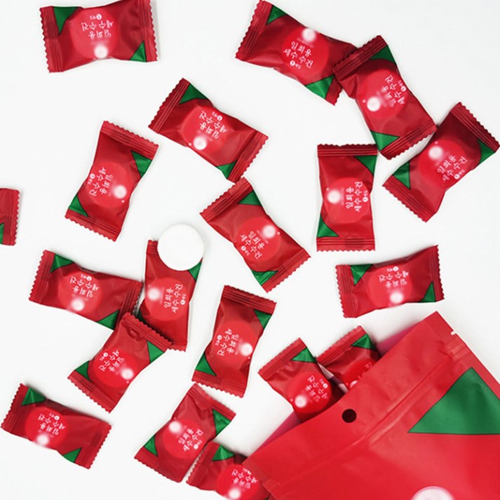 Túi 20 Khăn Giấy Nén Vỏ Đỏ Dạng Viên Kẹo Nhỏ Gọn Tiện Dụng