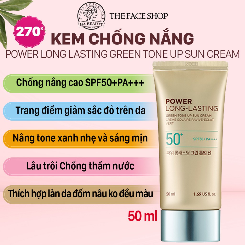 Kem chống nắng dưỡng da The Face Shop Hà Beauty trang điểm lâu trôi Natural Sun Eco Power Long Lasting SPF50+PA+++ 50ml