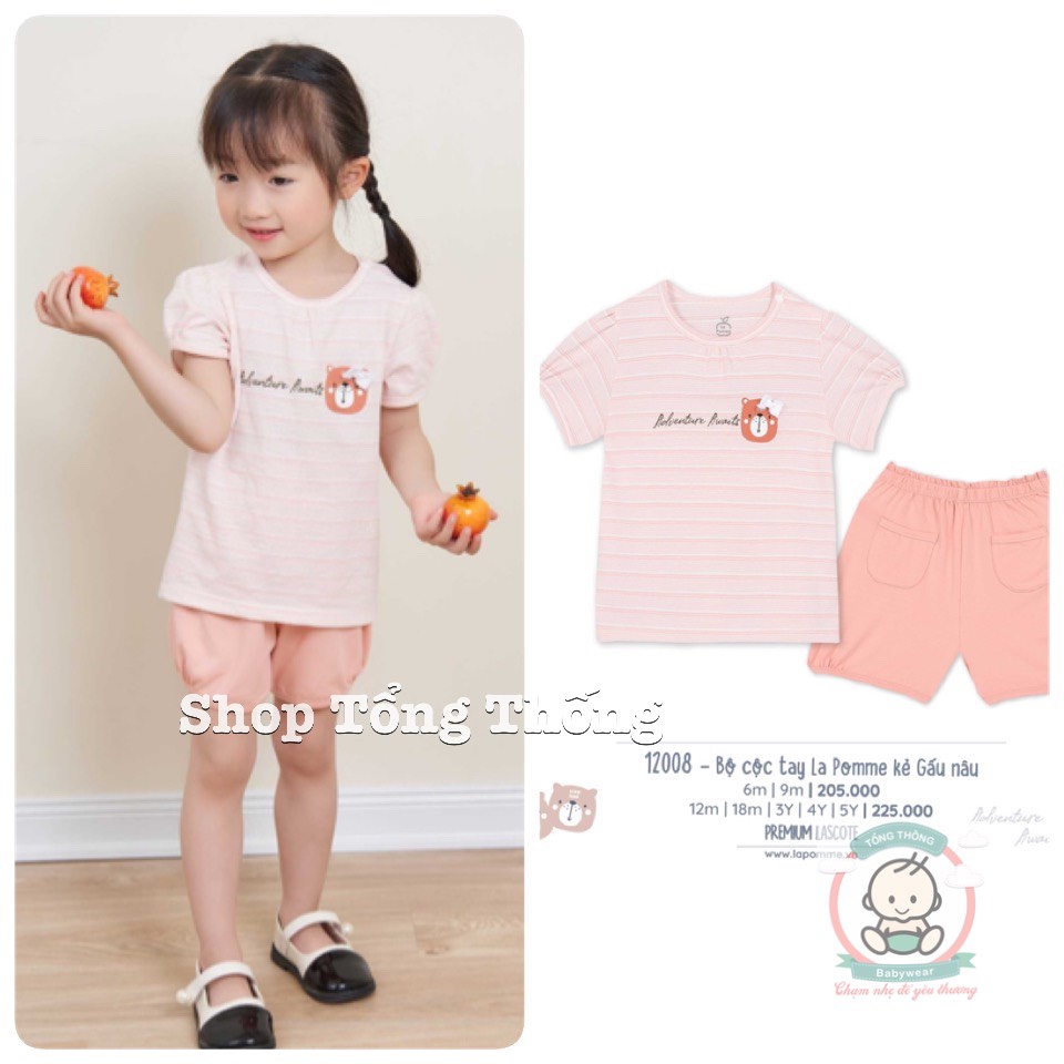 Bộ La Pomme cộc tay cotton mềm mịn thoáng mát thấm hút tốt cao cấp kẻ sọc ngang gấu nhỏ cho bé gái 12008