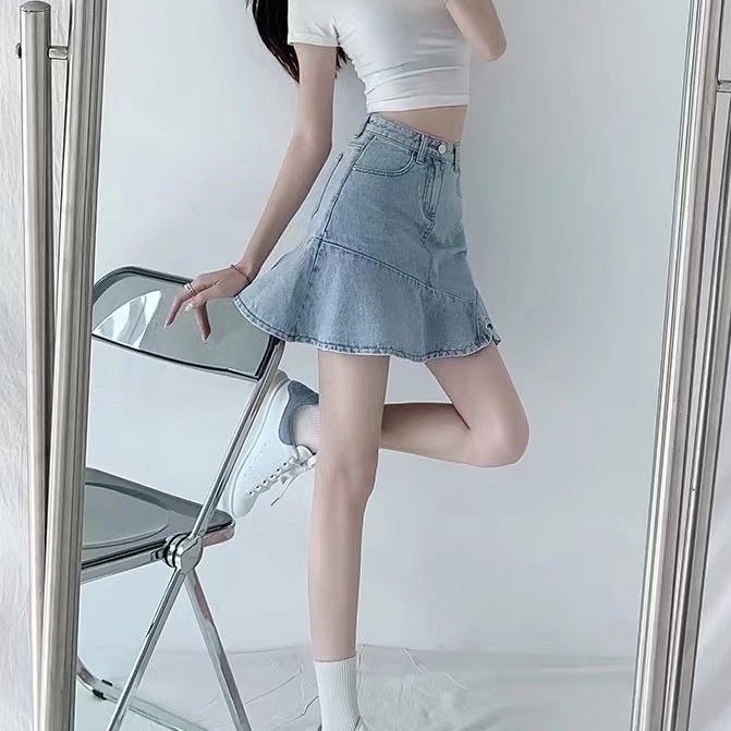 Chân váy SUXI jean chữ A lưng cao màu sắc đơn giản quyến rũ cho nữ