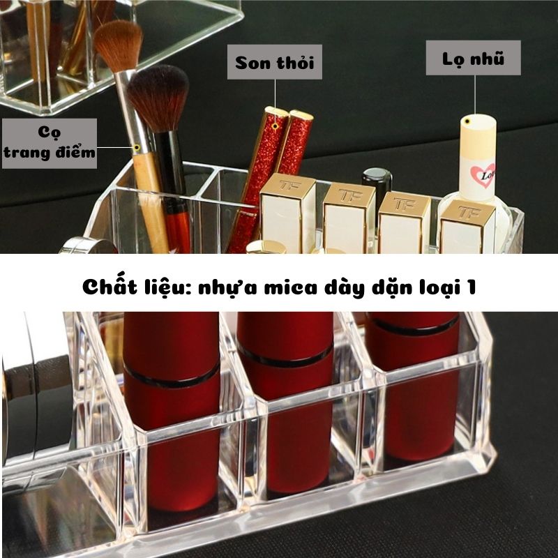 Khay đựng mỹ phẩm mica trong suốt 12 ô son có ngăn đựng nước hoa, đồ nail, phấn mắt sang trọng cao cấp