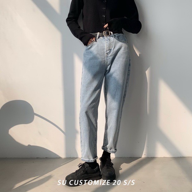 (Size 30-36) Quần Baggy Jean Cotton Trơn - Lưng Cao Trên Rốn - Không Giãn Xanh Đá Thời Trang